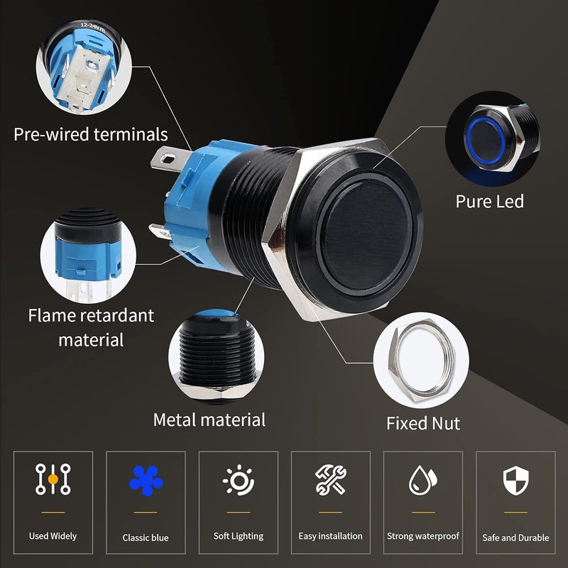 STARELO 5pcs 16mm Momentary led Push Button Switch Black Shell, IP65 Waterproof Push Button Switch,1NO 1 NC with Wire Socket Plug,Self-resetting with LED(Blue). - Image 2